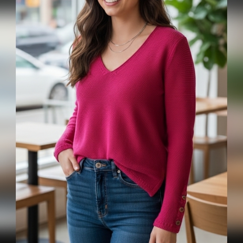 J. McLaughlin Pink V-Neck Sweater with Button Detail Size Small
